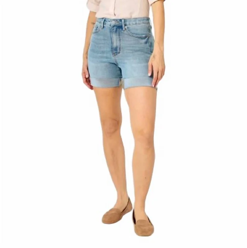 High Waist Tummy Control Cool Denim Shorts In Med Blue