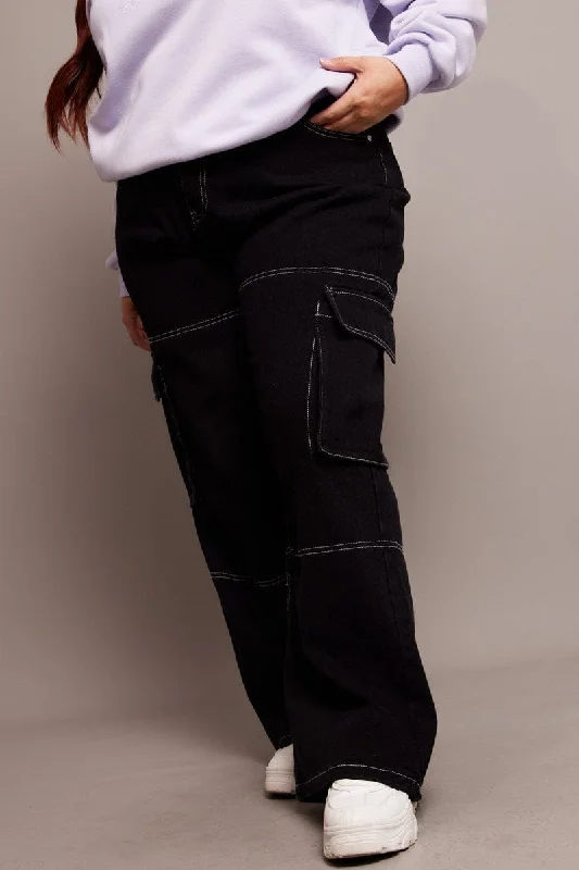 Black Cargo Jeans High Rise Wide Leg Contrast Details