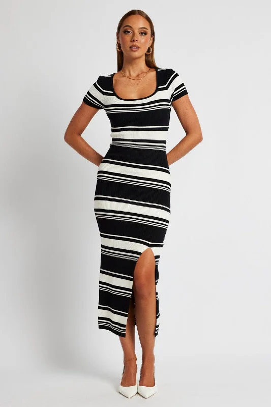 Black Stripe Knit Dress Short Sleeve Bodycon Midi