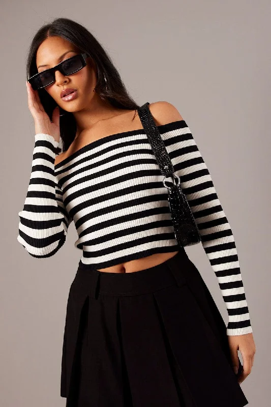 White Stripe Knit Top Long Sleeve Off Shoulder