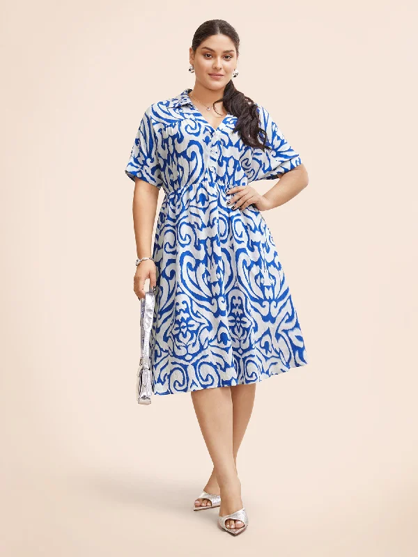 Boho Print Button Detail Cuffed Sleeve Dress