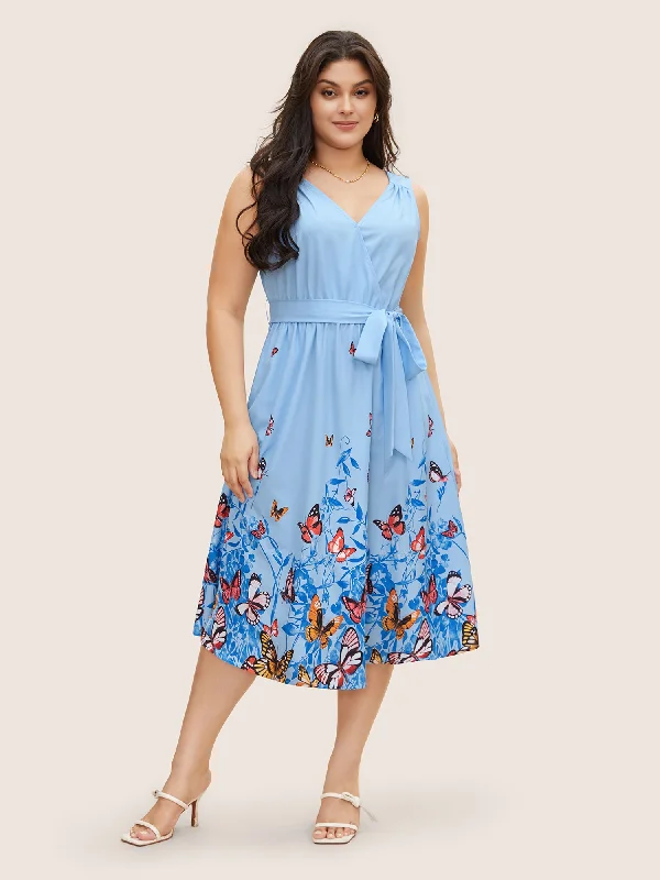 Butterfly Print Wrap Gathered Tank Dress