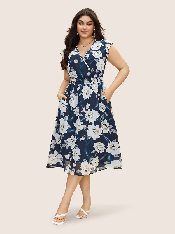 Chiffon Floral Ruffle Cap Sleeve Dress