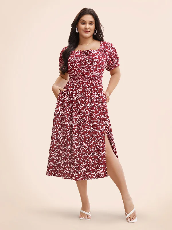 Ditsy Floral Split Hem Puff Sleeve Dress