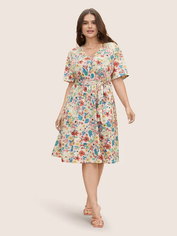 Floral Overlap Collar Belted Pocket Dress