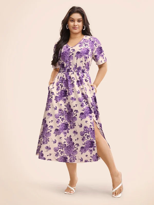 Floral Print Split Side Shirred Dress