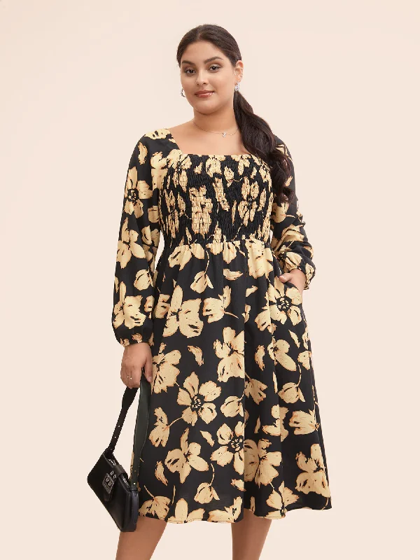 Floral Square Neck Shirred Lantern Sleeve Dress