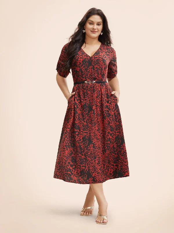 Leopard Print V Neck Gathered Dress