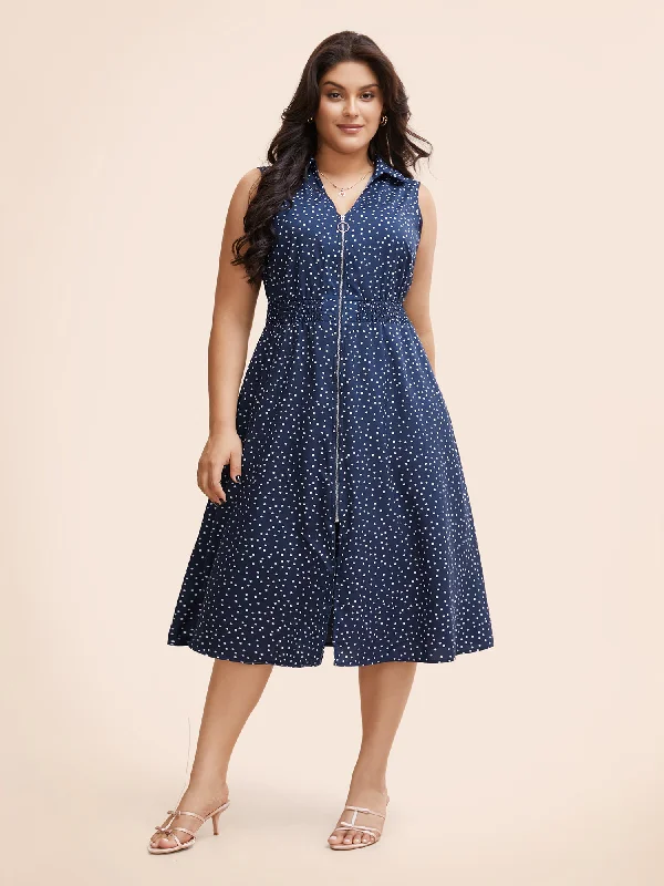 Polka Dot Zipper Split Front Sleeveless Dress