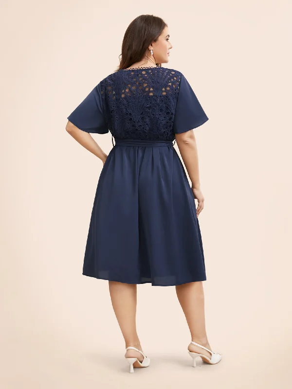 Round Neck Lace Patchwork Ruffle Sleeve Dress