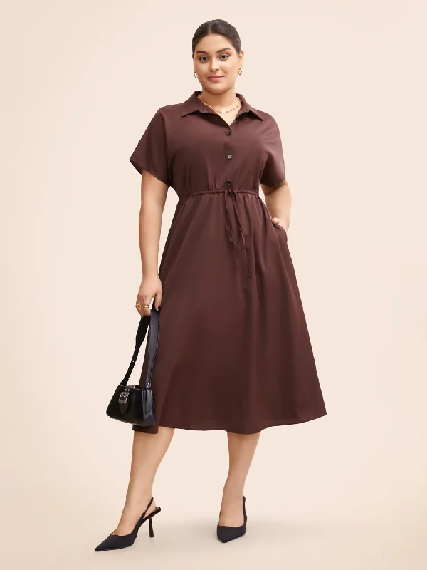 Shirt Collar Batwing Sleeve Drawstring Dress