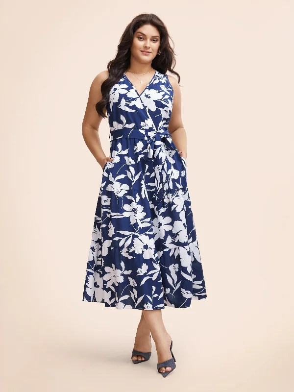 Silhouette Floral Print Wrap Sleeveless Dress