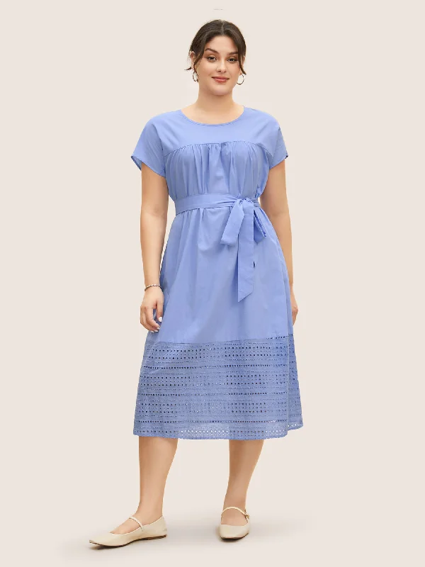 Solid Dolman Sleeve Broderie Anglaise Belted Dress