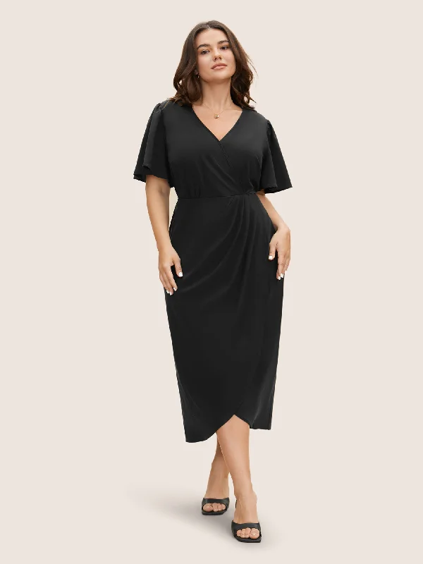 Solid Pleated Ruffle Sleeve Wrap Hem Dress