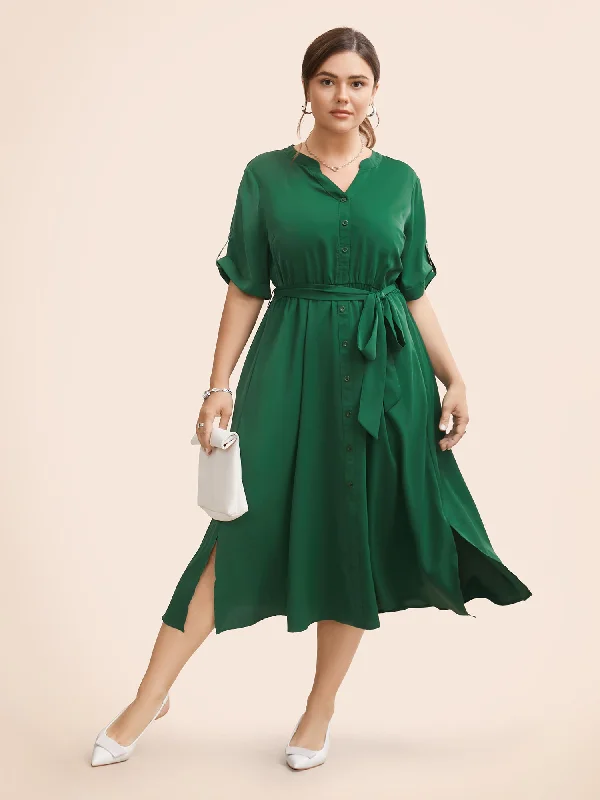 Solid Tab Sleeve Split Hem Dress