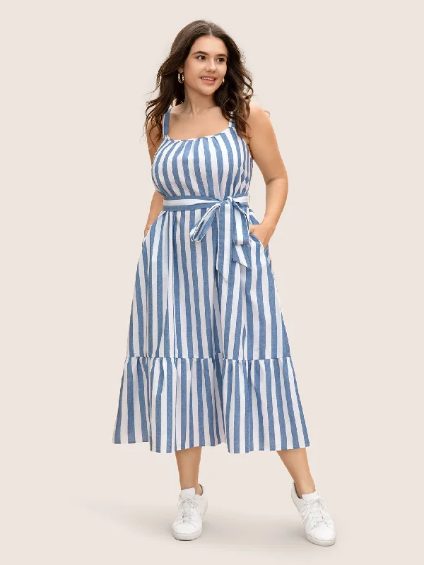 Striped Linen Blend Ruffle Layered Hem Dress