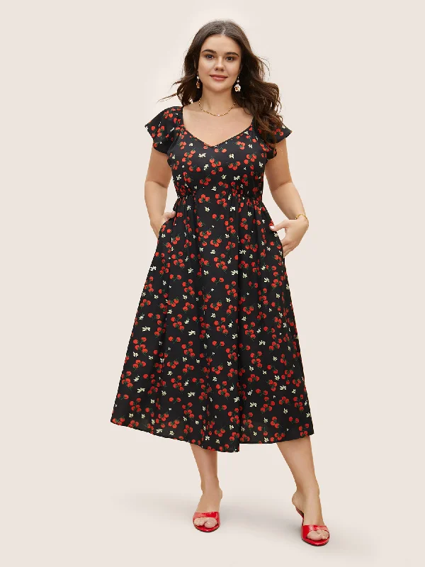 Tomato Print Heart Neckline Ruffle Cap Sleeve Dress