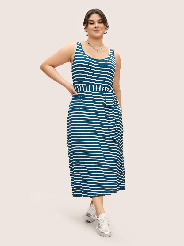 U Neck Striped Belted Tank Dress