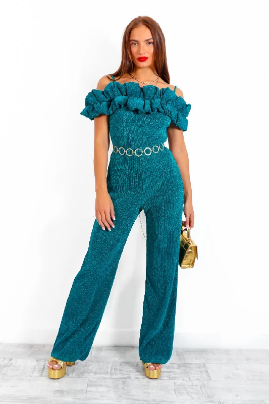 Bringing The Drama - Teal Glitter Ruffle Jumpsuit