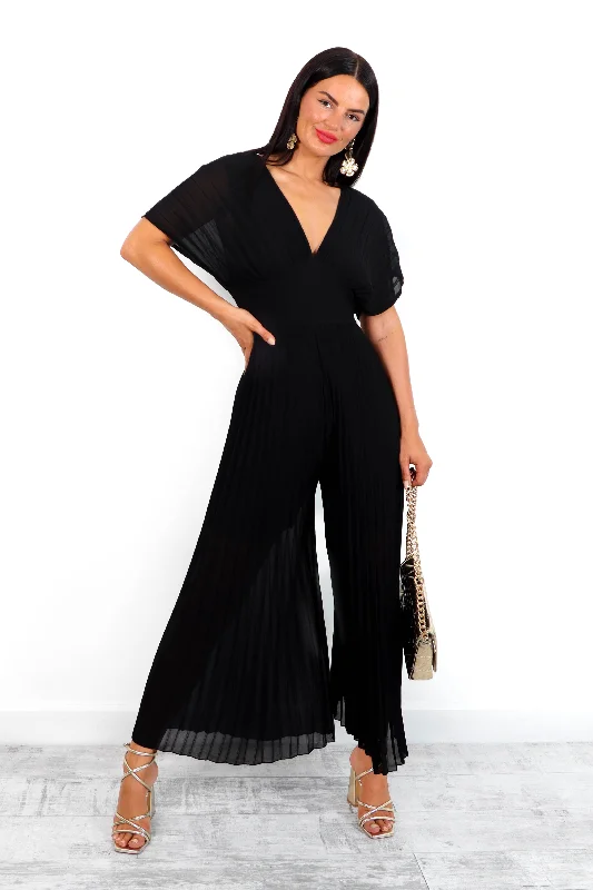 No Mean Pleat - Black Plunge Pleated Jumpsuit