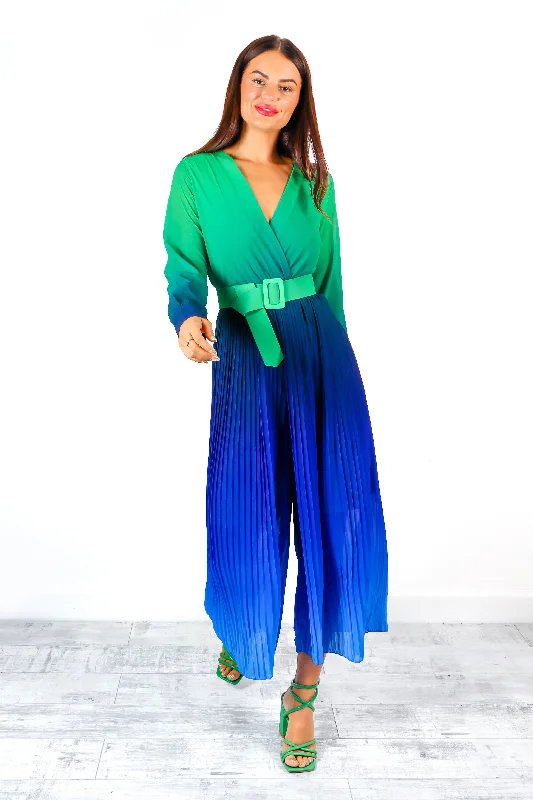 The Pleat Is On - Green Navy Ombre Pleated Jumpsuit