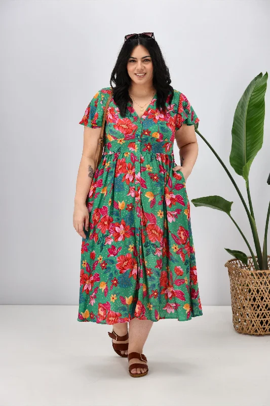 Boho Australia Alish Midi Dress Green Red Floral