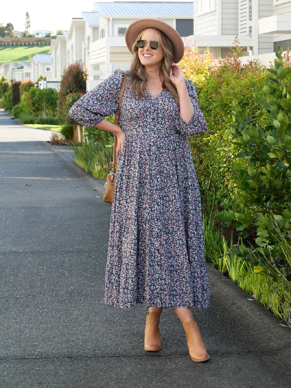 Boho Australia Pansy Midi Dress Navy Floral