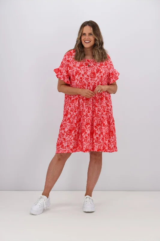 Gloss by Shine On Bramley Frill Sleeve Dress Pink Red Floral