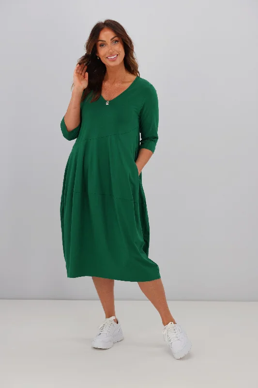 Tirelli V Neck Diagonal Seam Dress Emerald