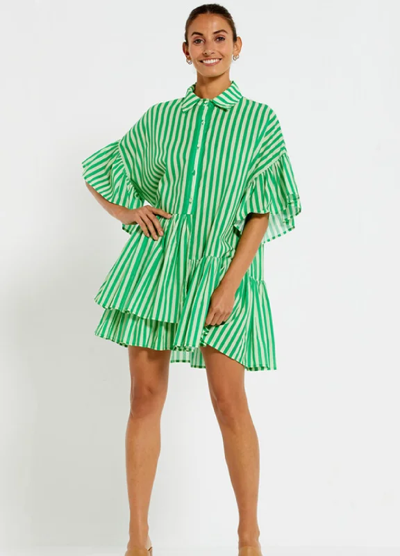 Bohemian Traders - Mid Sleeve Genoa Mini Dress - Tonal Green Stripe