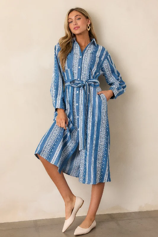 Songs of the Sky Blue Embroidered Midi Shirt Dress