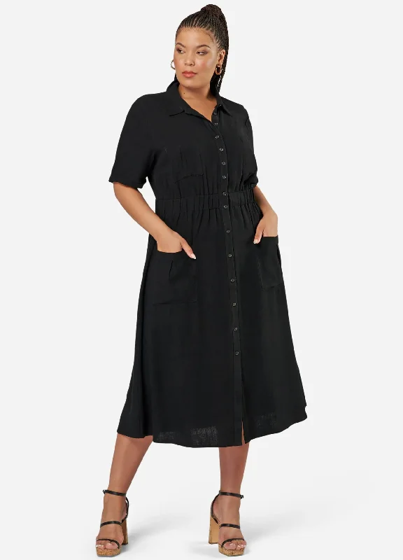 Sunday in the City - Short Sleeve Gone Rogue Midi Shirt Dress - Black